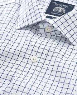 White Navy Cotton Twill Window Check Slim Fit Formal Shirt - Double Cuff