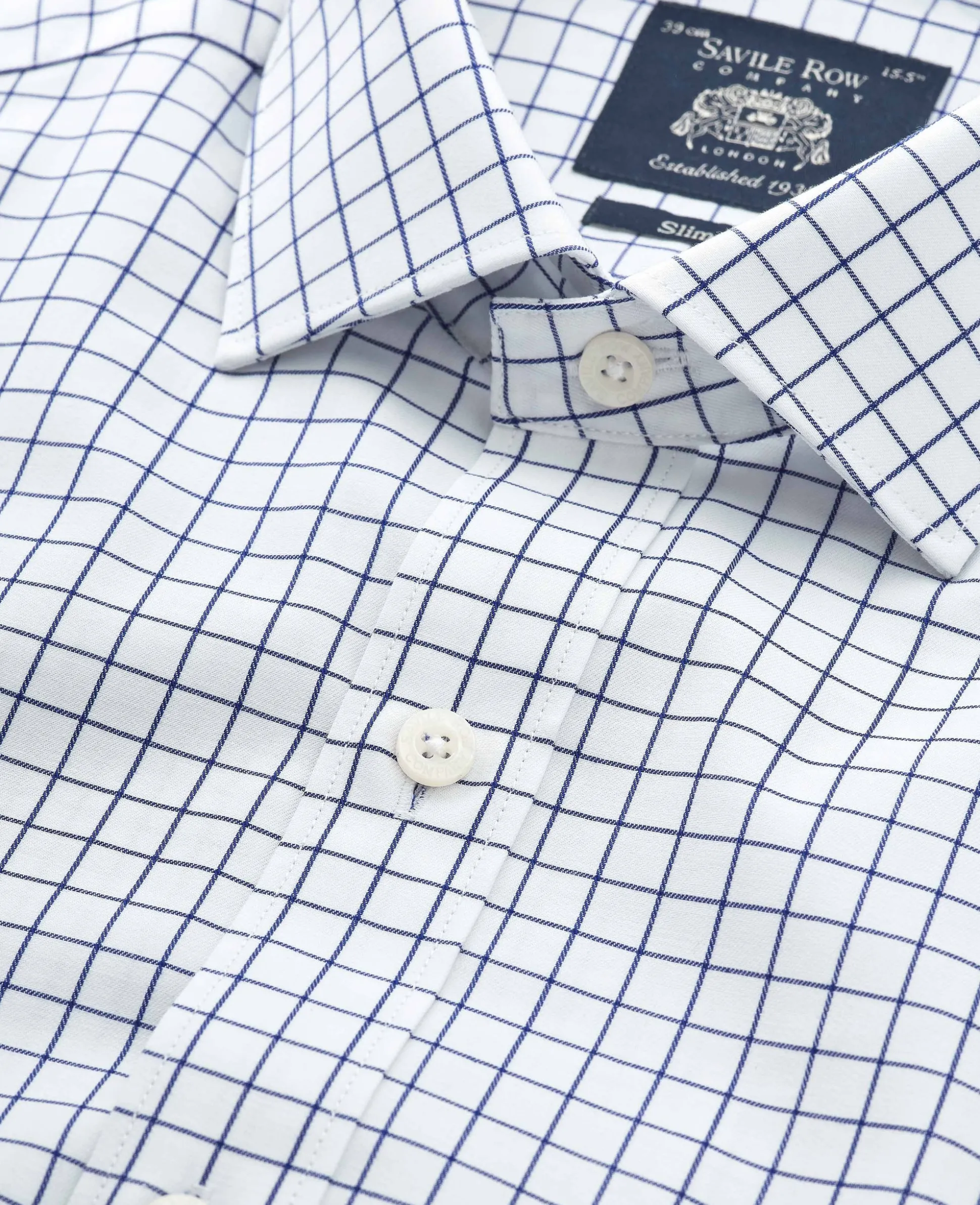 White Navy Cotton Twill Window Check Slim Fit Formal Shirt - Double Cuff