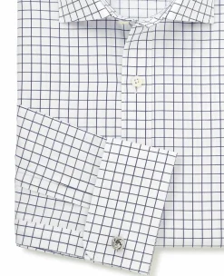 White Navy Cotton Twill Window Check Slim Fit Formal Shirt - Double Cuff