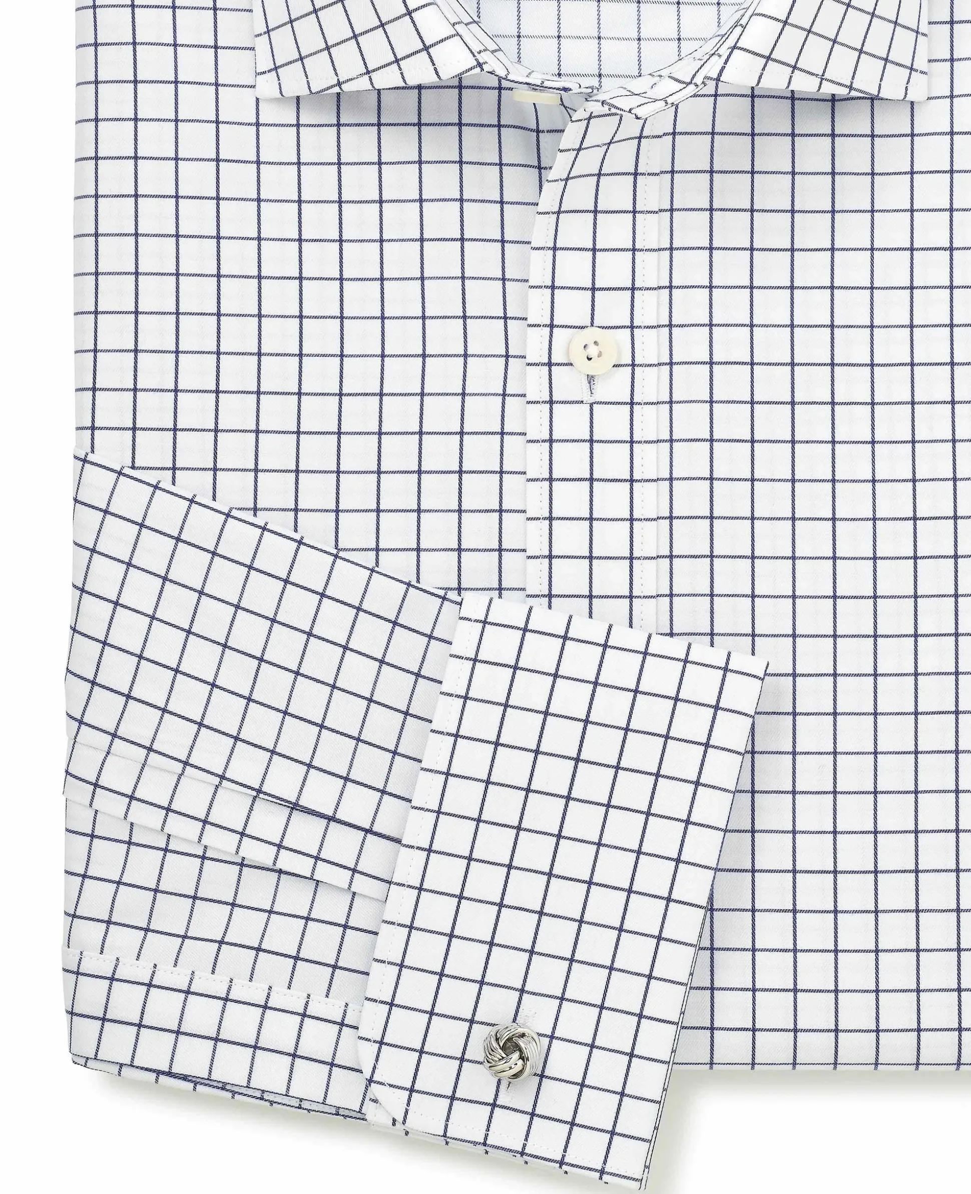 White Navy Cotton Twill Window Check Slim Fit Formal Shirt - Double Cuff