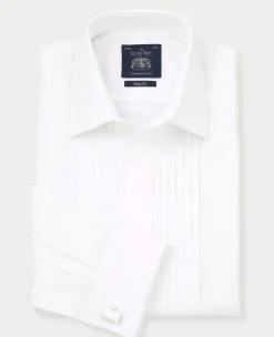 White Poplin Pleated Slim Fit Double Cuff Evening Formal Shirt