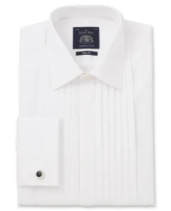 White Poplin Pleated Slim Fit Double Cuff Evening Formal Shirt