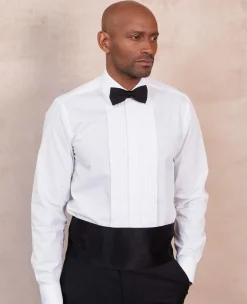 White Poplin Pleated Slim Fit Double Cuff Evening Formal Shirt