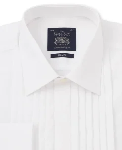 White Poplin Pleated Slim Fit Double Cuff Evening Formal Shirt