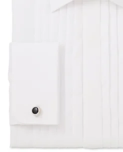 White Poplin Pleated Slim Fit Double Cuff Evening Formal Shirt