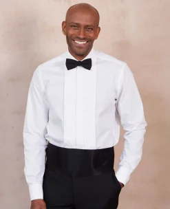 White Poplin Pleated Slim Fit Double Cuff Evening Formal Shirt
