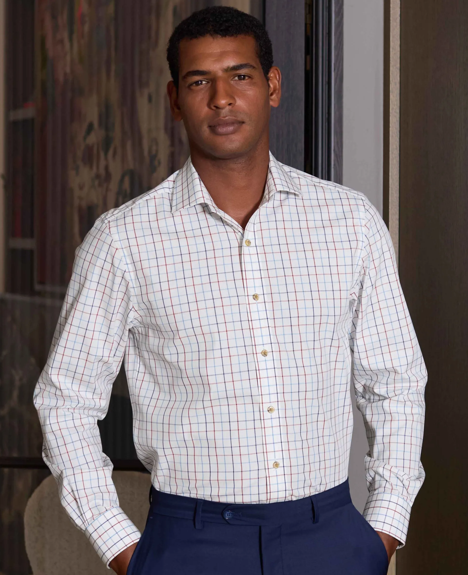 White Red Cotton Tattersall Check Slim Fit Formal Shirt - Single Cuff
