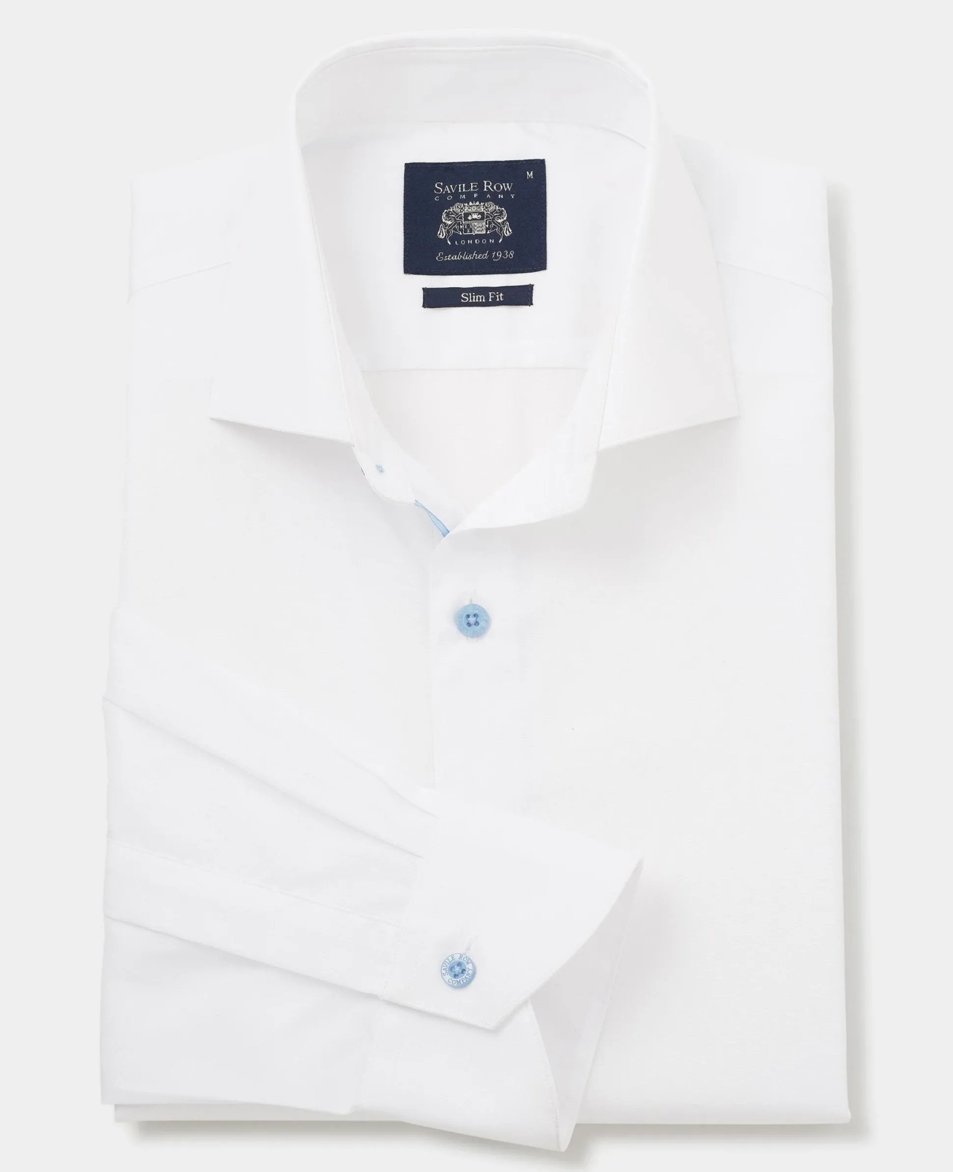 White Slim Fit Blue Button Smart-Casual Shirt - Single Cuff