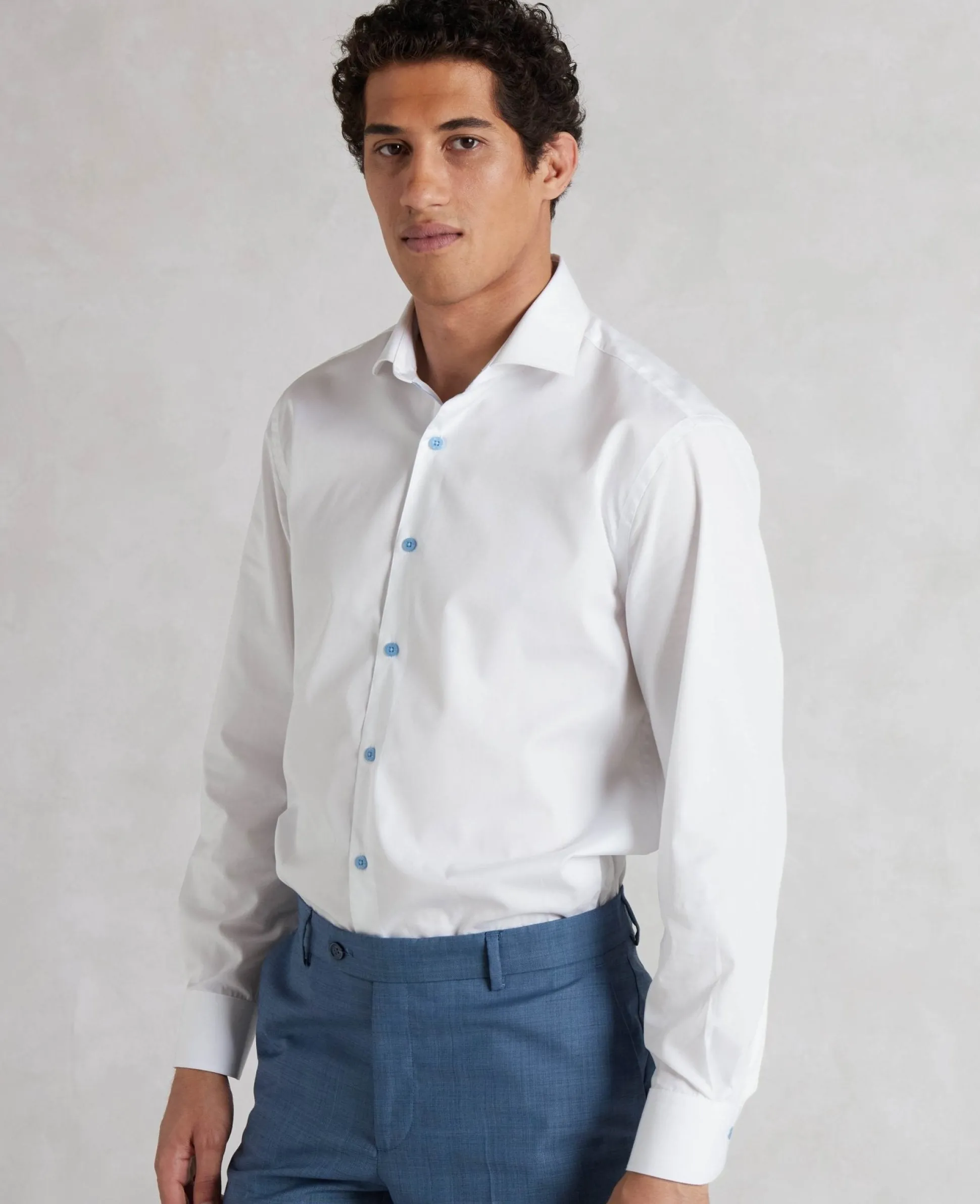 White Slim Fit Blue Button Smart-Casual Shirt - Single Cuff