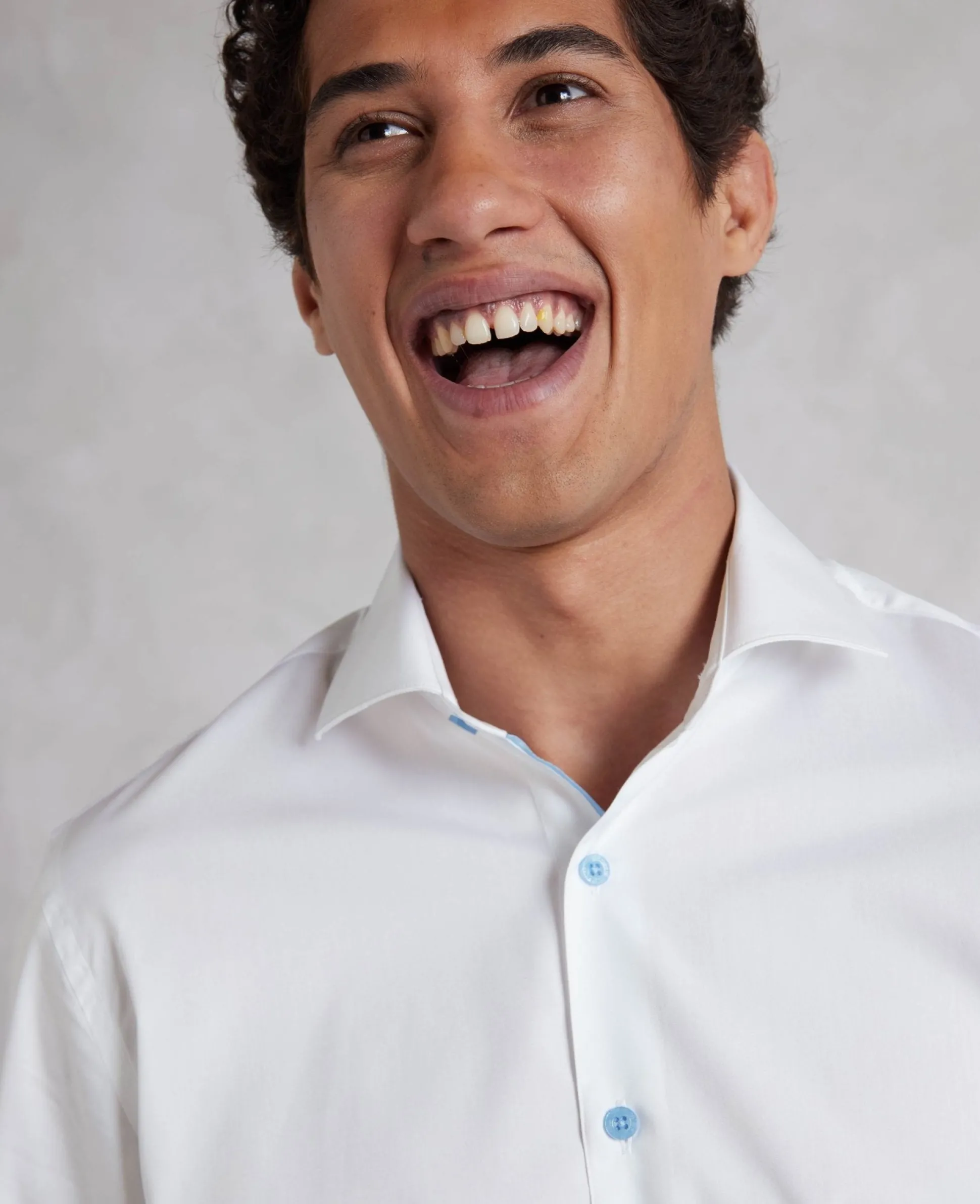 White Slim Fit Blue Button Smart-Casual Shirt - Single Cuff