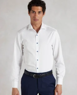White Slim Fit Contrast Button Smart-Casual Shirt - Single Cuff