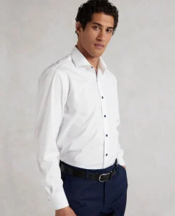 White Slim Fit Contrast Button Smart-Casual Shirt - Single Cuff