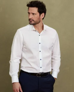 White Slim Fit Contrast Button Smart-Casual Shirt - Single Cuff