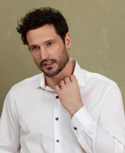 White Slim Fit Contrast Button Smart-Casual Shirt - Single Cuff