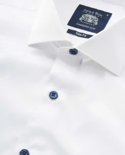 White Slim Fit Contrast Button Smart-Casual Shirt - Single Cuff