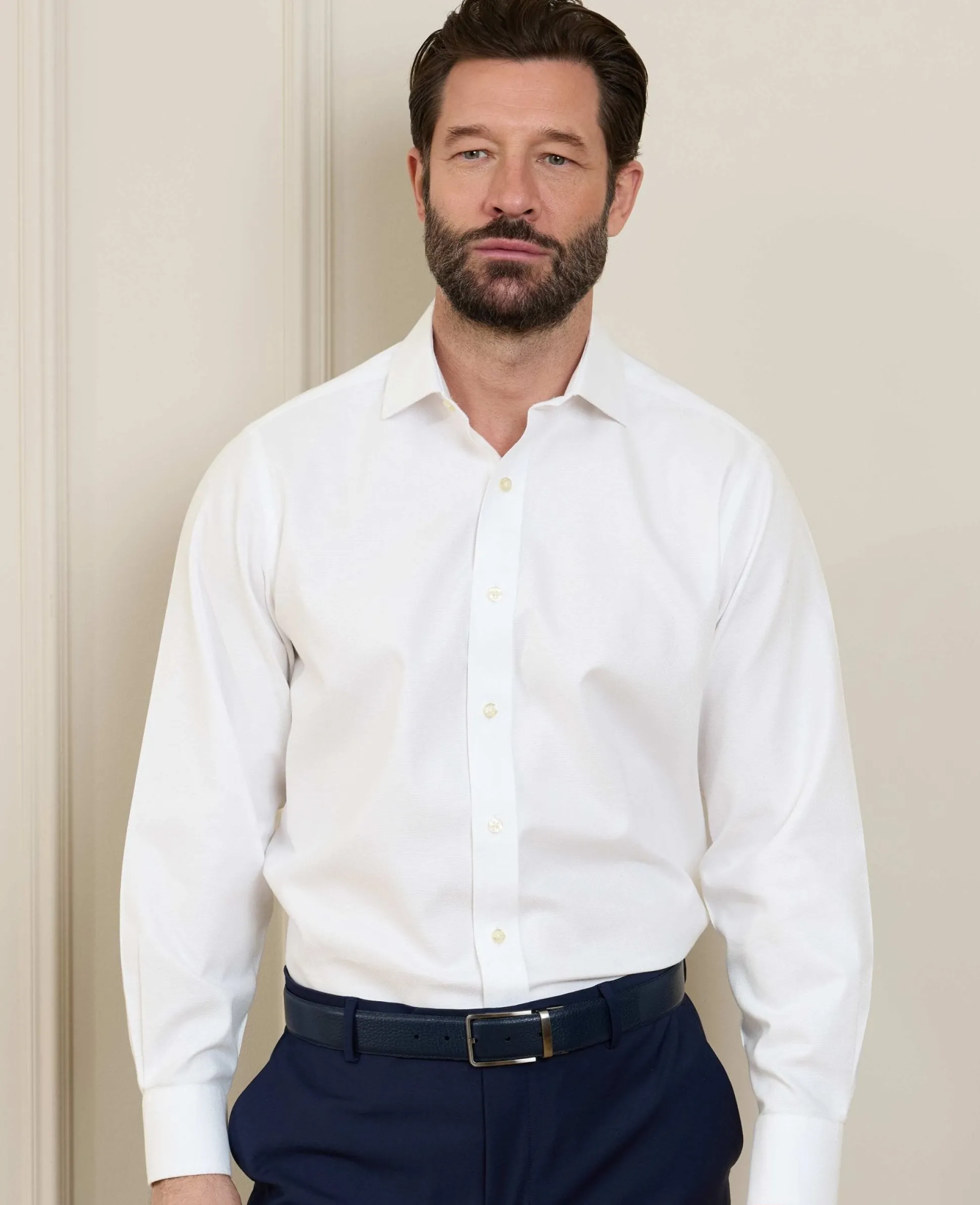 White Textured Cotton Classic Fit Non-Iron Shirt - Single Cuff