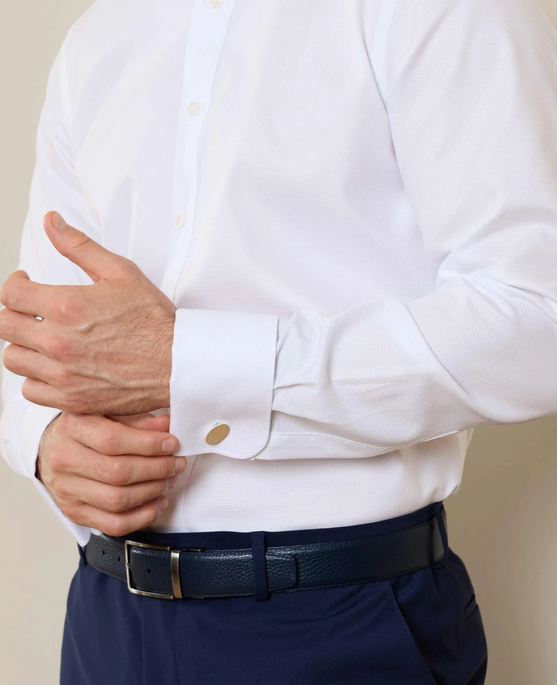 White Textured Cotton Slim Fit Formal Shirt - Double Cuff
