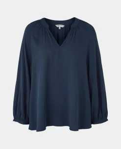 Women's Navy Viscose Twill Grandad Collar Shirt